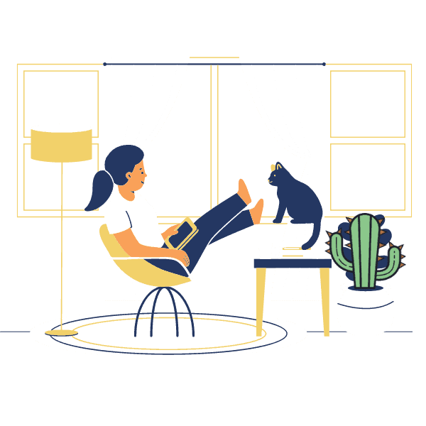 woman with her feet up near a cat